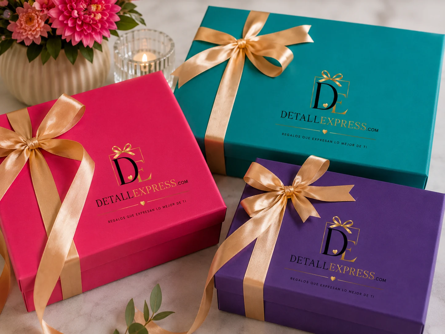Cajas premium DetalleExpress de colores vivos con moño dorado