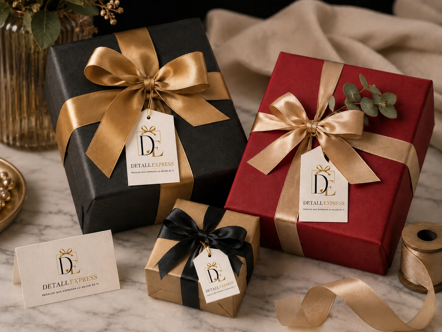 Papel de regalo premium DetalleExpress con envoltura negra, roja y dorada
