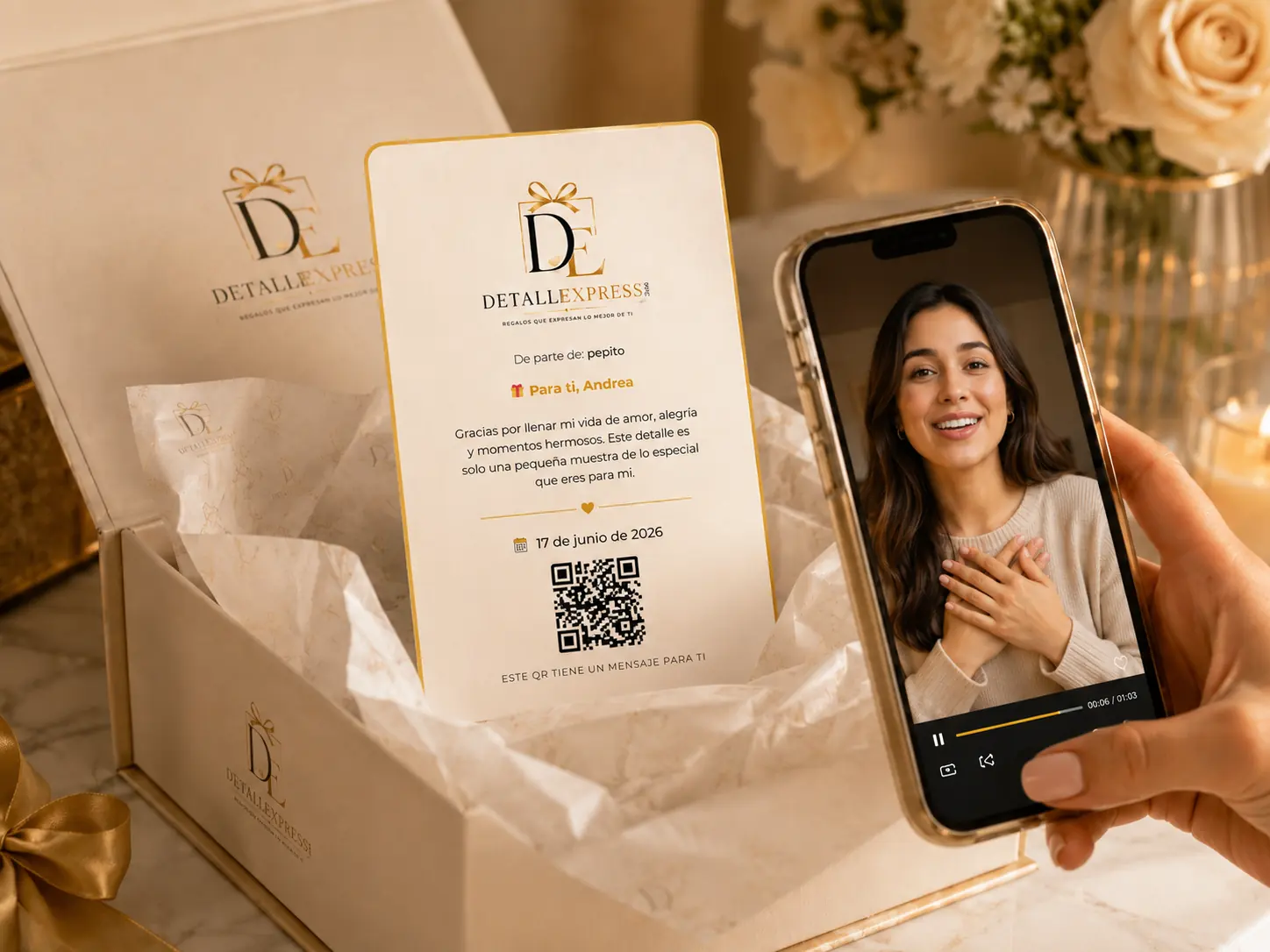 Regalo con tarjeta personalizada y QR con audio o video